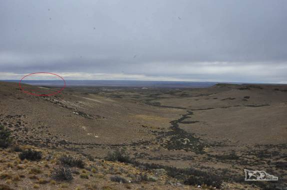 Marcado em vermelho, a Laguna Carbón, no Bajo San Julian. Com 107 metros abaixo do nível do mar, é o ponto mais baixo das Américas (no sul da Argentina)